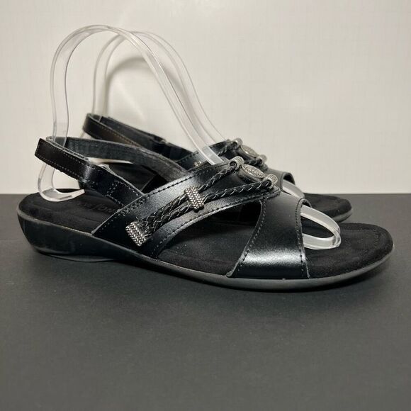 Womens MINNETONKA Sylvia Black Leather Slingback Sandals / Size 8 Narrow - Picture 1 of 8